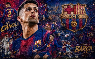 Joao Cancelo, FC Barcelona, 4K, stone background, FC Barcelona logo, Joao Cancelo FC Barcelona, mural art, football, Barcelona, Joao Cancelo Barcelona