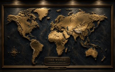 gold world map, 4k, map of continents, gold metal world map, luxury art, world map concepts, stone background, world map