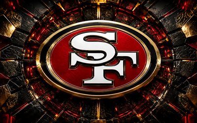 San Francisco 49ers metal logo, 4k, red brown metal background, NFL, american football, San Francisco 49ers logo, San Francisco 49ers emblem, american football team, San Francisco 49ers