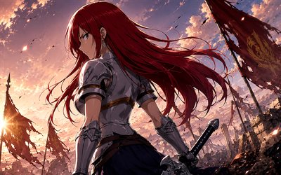 Erza Scarlet, 4k, battlefield, iron armor, Fairy Tail, red flags, warrior, manga, anime charaters, Torii, Fairy Tail characters, Erza Scarlet Fairy Tail