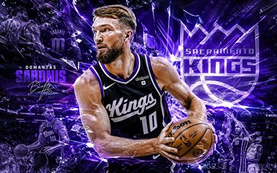 Domantas Sabonis, 4k, violet futuristic background, Sacramento Kings, NBA, american basketball players, Domantas Sabonis 4K, basketball, Domantas Sabonis Art, Domantas Sabonis Sacramento Kings