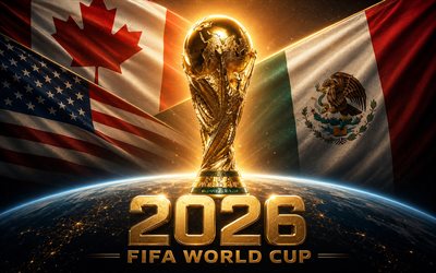 2026 FIFA World Cup, 4k, Earth, galaxy, FIFA World Cup Trophy, stadiums, football, FIFA World Cup art, FIFA World Cup 2026, golden trophy, soccer, FIFA World Cup