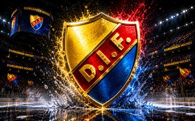 Djurgarden IF metal logo, 4k, spotlights, ice arena, SHL, hockey, Djurgarden IF logo, hockey stadium, Djurgarden IF 3D logo, swedish hockey team, Djurgarden IF