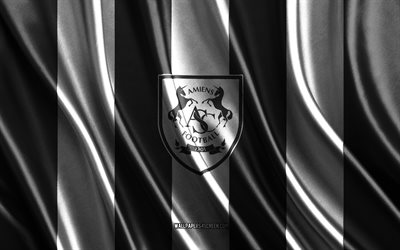 4k, Amiens SC logo, Ligue 2, white black silk texture, Amiens SC flag, French football club, silk flag, Amiens SC emblem, France, Amiens SC badge, Amiens SC