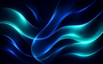 blue turquoise waves background, 4k, neon waves background, blue turquoise abstractions, black background, neon light waves background, abstract waves background