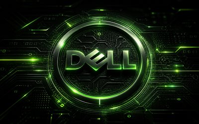 4k, Dell 3D logo, green futuristic background, green neon rays, electronics brands, Dell metal logo, Dell green logo, brands, Dell logo, Dell
