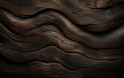 dark wooden texture, 4k, natural textures, 3D wooden waves, hardwood, wooden waves, wooden textures, dark wooden background, wavy wooden texture
