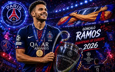 Gonсalo Ramos with Champions League Cup, Paris Saint-Germain, Gonсalo Ramos, PSG winner of the 2026 Champions League, PSG, football, 2026 Champions League winner, Champions League, Gonсalo Ramos PSG