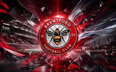 Brentford FC, 4k, English football club, Brentford FC logo, football art, burgundy green abstract background, Brentford FC emblem, Premier League, Brentford logo, football, England, Brentford