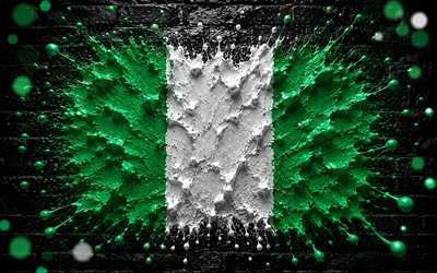 4k, Nigeria flag, creative, Nigeria paints flag, black brickwall, paint art, Nigerian flag, paint splashes, flag of Nigeria, artwork, Nigerian national symbols, Nigeria 3D flag, Nigeria