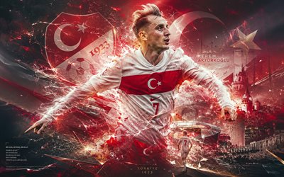 Kerem Akturkoglu, Turkey national football team logo, 4K, Kerem Akturkoglu Turkey, stone background, Turkey national football team, football, Turkey, Kerem Akturkoglu Turkey national football team