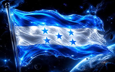 Honduras glowing flag, 4k, digital art, dark abstract background, Honduras flag on flagpole, flag of Honduras, Honduras flag, neon waves Honduras flag, Honduran flag, Honduras 3D flag, Honduras