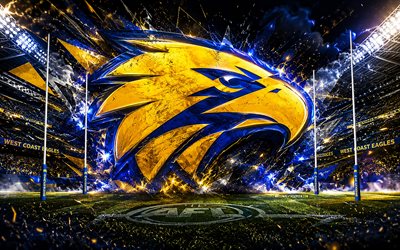 West Coast Eagles abstract logo, 4k, stadium, spotlights, AFL, australian football, Australian Football League, West Coast Eagles logo, West Coast Football Club, australian football team, West Coast Eagles