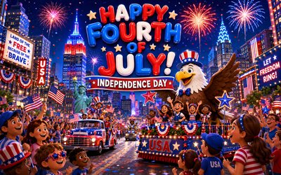 4k, Independence Day, parade, cartoon art, Happy Fourth of July, children celebrating, fireworks, Fourth of July, USA, July 4th, America, National Day of the United States