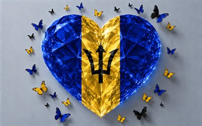 Flag of Barbados, 4k, I love Barbados, 3d crystal heart, Barbados 3d flag, 3d crystal heart like Barbados flag, North America, Barbados flag, 3d art, Barbados heart flag, Barbados