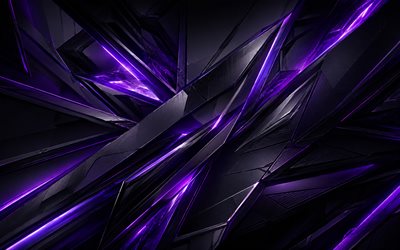 black 3D figures, 4k, violet neon glare, artwork, geomteric shapes, black 3D fragments, fragmented geometric pattern, creative, black 3D background, dark abstract background, shapes, 3D backgrounds