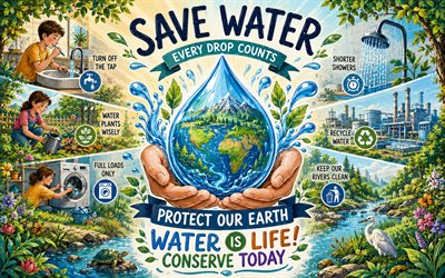 4k, Save water, cartoon art, infographics, water drop in hand, Water conservation, ecology, blue background, water concepts, Save water concepts, eco concepts, environment, Lets Save Water Together