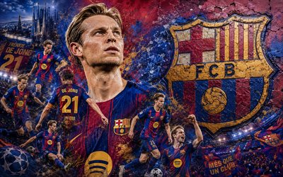 Frenkie de Jong, FC Barcelona, 4K, stone background, FC Barcelona logo, Frenkie de Jong FC Barcelona, mural art, football, Barcelona, Frenkie de Jong Barcelona