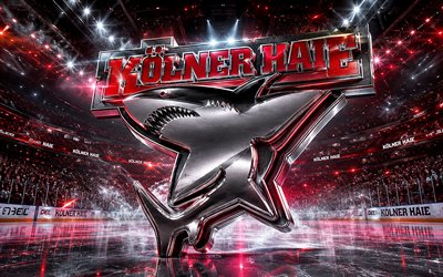 Kolner Haie metal logo, 4k, spotlights, ice arena, DEL, hockey, Kolner Haie logo, hockey stadium, Kolner Haie 3D logo, german hockey team, Kolner Haie