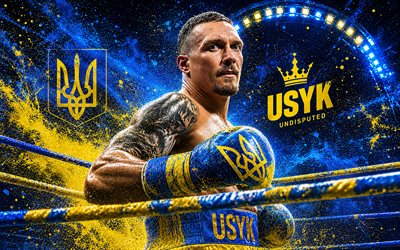 4k, Oleksandr Usyk, boxing ring, blue yellow grunge background, Ukrainian professional boxer, World Champion, The Cat, Oleksandr Usyk Art, Ukraine, Oleksandr Usyk with belts, IBO, boxing, Oleksandr Usyk 4K