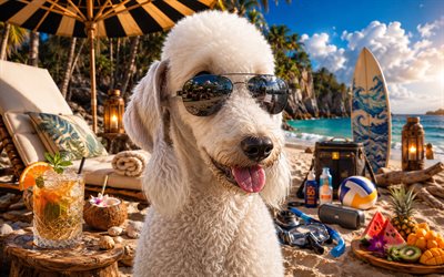 Bedlington Terrier, 4k, summer, tropical beach, beach accessories, sea, sun lounger, sunglasses, Bedlington Terrier on beach, dogs, cocktail, cute animals, beach, pets, dog in sunglasses, Bedlington Terrier Dog