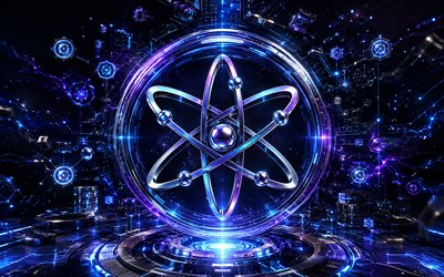 Cosmos 3D logo, 4k, blue futuristic background, cryptocurrencies, Cosmos futuristic logo, brands, Cosmos cryptocurrency, blockchain, Cosmos logo, Cosmos
