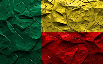4k, Benin flag, stone texture, flag of Benin, Africa, Benin 3D flag, background with cracks, Benin