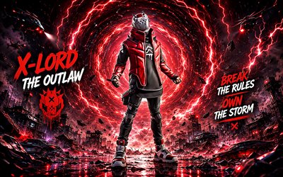 X-Lord Fortnite, 4k, red 3D background, Fortnite, fan art, X-Lord Skin, Fortnite X-Lord Skin, creative, X-Lord