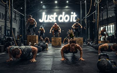 Just do it, 4k, gym, CrossFit, motivation quotes, Just do it inscription, motivation, Just do it concepts