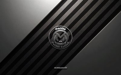 Manisa FK logo, 4k, steel background, Turkish football club, black white lines, Manisa FK emblem, TFF 1 Lig, Manisa FK, Turkey, football, Manisa FK metal logo, Manisa FK crest