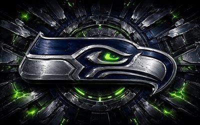 Seattle Seahawks metal logo, 4k, blue green metal background, NFL, american football, Seattle Seahawks logo, Seattle Seahawks emblem, american football team, Seattle Seahawks
