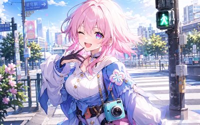 March 7th, 4k, street, traffic lights, Honkai Star Rail, cityscape, manga, Honkai Star Rail characters, San Yue Qi, March 7th Honkai Star Rail