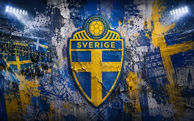 Sweden national football team logo, 4K, stone background, Sweden national football team, 2026 FIFA World Cup, mural art, football, Sweden