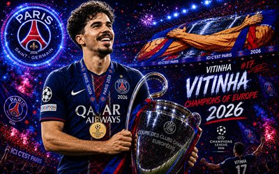 Vitinha with Champions League Cup, Paris Saint-Germain, Vitinha, PSG winner of the 2026 Champions League, PSG, football, 2026 Champions League winner, Champions League, Vitinha PSG Vitor Machado Ferreira