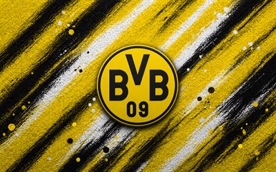 Borussia Dortmund logo, 4k, yellow black paint background, Borussia Dortmund, BVB logo, German football club, Borussia Dortmund emblem, Bundesliga, Germany, BVB