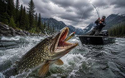 4k, pike, close-up, colorful wobbler, clouds, predatory fish, fishing, underwater, fisherman on a boat, fishing tackle, pike fishing, lake fishing, summer, recreation, summer fishing, fishing concepts