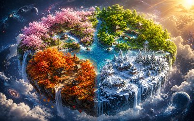 4 Seasons, 4K, isometric 3D island, four seasons, 4 Seasons concepts, winter spring summer autumn, isometric 3D art