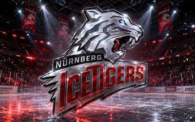 Nurnberg Ice Tigers metal logo, 4k, spotlights, ice arena, DEL, hockey, Nurnberg Ice Tigers logo, hockey stadium, Nurnberg Ice Tigers 3D logo, german hockey team, Nurnberg Ice Tigers