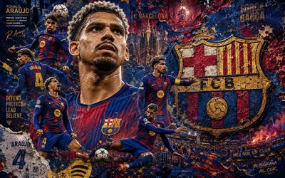 Ronald Araujo, FC Barcelona, 4K, stone background, FC Barcelona logo, Ronald Araujo FC Barcelona, mural art, football, Barcelona, Ronald Araujo Barcelona, Ronald Federico Araujo da Silva