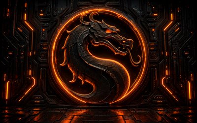 Mortal Kombat fiery logo, 4k, dark futuristic background, cyberpunk, fire flames, darkness, orange glare, creative, MK logo, Mortal Kombat stone logo, Mortal Kombat 3D logo, artwork, Mortal Kombat logo, Mortal Kombat
