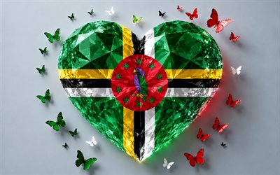 Flag of Dominica, 4k, Dominica flag, I love Dominica, 3d crystal heart, Dominica 3d flag, 3d crystal heart like Dominica flag, North America, 3d art, Dominica heart flag, Dominica