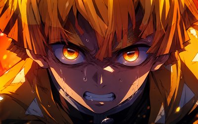 4k, Zenitsu Agatsuma, close-up, portrait, Kimetsu no Yaiba, warrior, yellow lightings, manga, protagonist, lightings, artwork, Demon Slayer, Zenitsu, Zenitsu Agatsuma Kimetsu no Yaiba