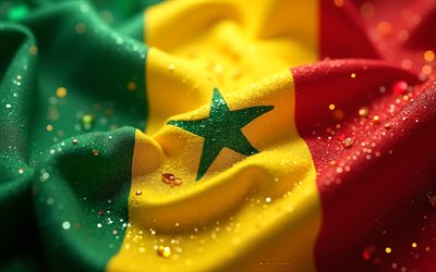 Senegalese flag, 4K, jewelry, flag of Senegal, crystals, shiny stones, Senegal, 3D waves background, red yellow green crystals, Senegal flag