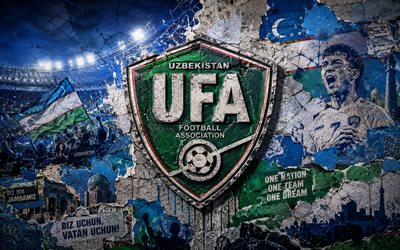 Uzbekistan national football team logo, 4K, stone background, Uzbekistan national football team, 2026 FIFA World Cup, mural art, football, Uzbekistan
