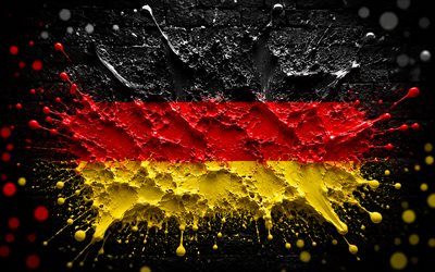 4k, Germany flag, creative, Germany paints flag, black brickwall, paint art, German flag, paint splashes, flag of Germany, artwork, German national symbols, Germany 3D flag, Germany