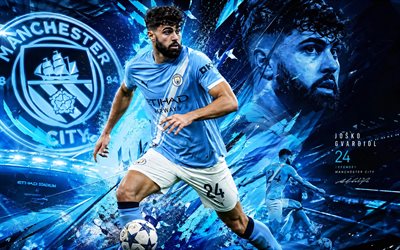 Josko Gvardiol, Manchester City FC, fan art, blue white abstract background, Josko Gvardiol Manchester City FC, creative art, Manchester City FC logo, Josko Gvardiol Manchester City, football, Manchester City