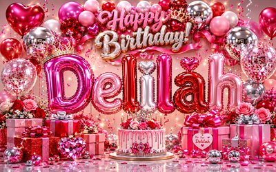 4k, Delilah Happy Birthday, pink background, glossy balloons 3D letters, Delilah name, creative, Delilah Birthday, pink gift boxes, popular american female names, Happy Birthday Delilah, picture with Delilah name, Delilah