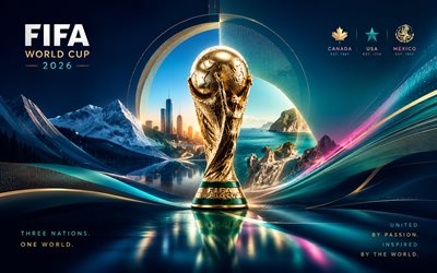 2026 FIFA World Cup, 4k, nature landmarks, creative, FIFA World Cup Trophy, football, FIFA World Cup art, FIFA World Cup 2026, golden trophy, soccer, FIFA World Cup