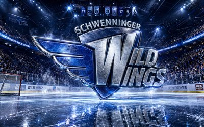 Schwenninger Wild Wings metal logo, 4k, spotlights, ice arena, DEL, hockey, Schwenninger Wild Wings logo, hockey stadium, Schwenninger Wild Wings 3D logo, german hockey team, Schwenninger Wild Wings