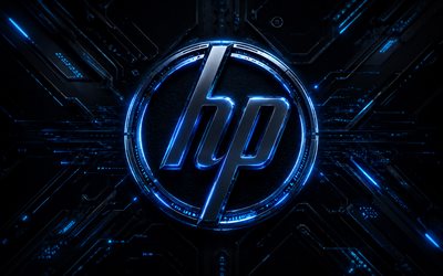 HP blue crystal logo, 4k, Hewlett-Packard logo, dark background, HP 3D black sign, HP, blue neon light, HP dark logo, blue techno background, Hewlett-Packard, blue background, HP chrome emblem